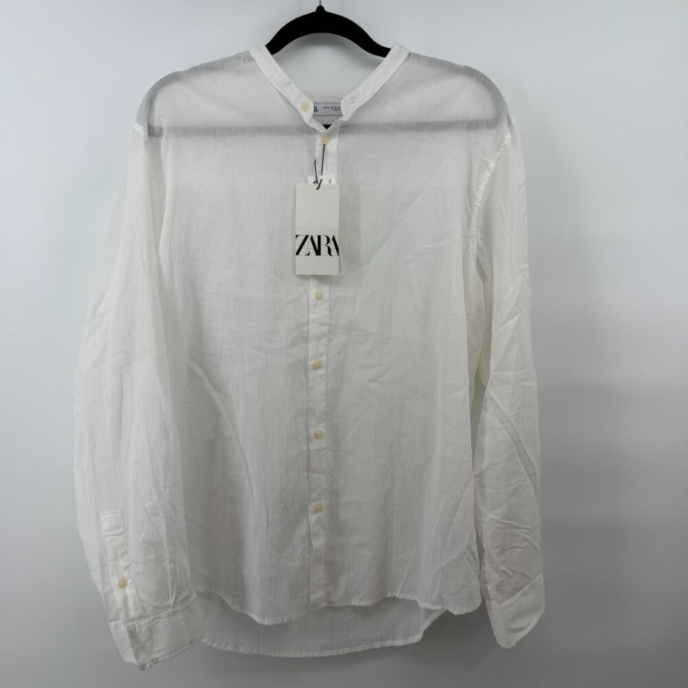 NWT ZARA Men White Linen Blend Band Collar Shirt XL Button Up Lightweight